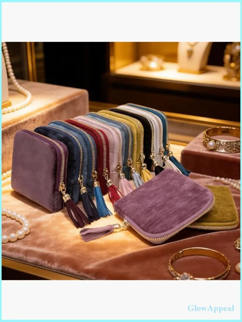 Mini Velvet Travel Jewelry Pouch with 6 Pockets & Tassel Zipper